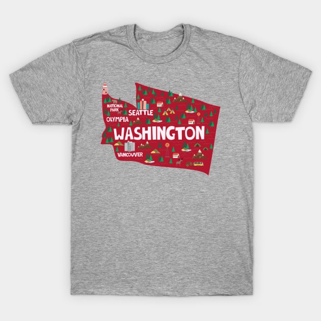 Washington State USA Illustrated Map T-Shirt by JunkyDotCom